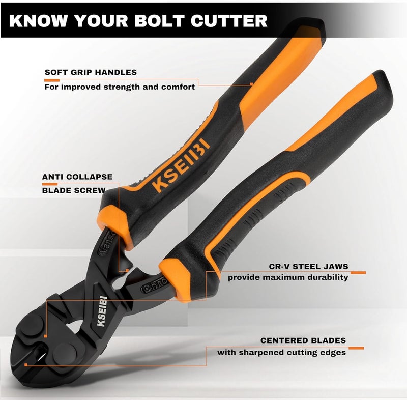 KSEIBI 8-Inch Mini Bolt Cutters Heavy Duty - Compact Bolt Cutter with Anti-Slip Handle for Wire, Cables, Chains, Small Screws - Handy Tool Featuring High Leverage Design and CrMo Blades - 161615 - Image 2